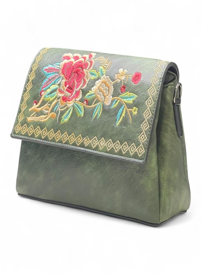 Dazzle Women's Vintage Floral Embroidered Crossbody Bag, Faux Leather, Multiple Compartments, Adjustable Strap, Boho Style (GREEN) - Image 1